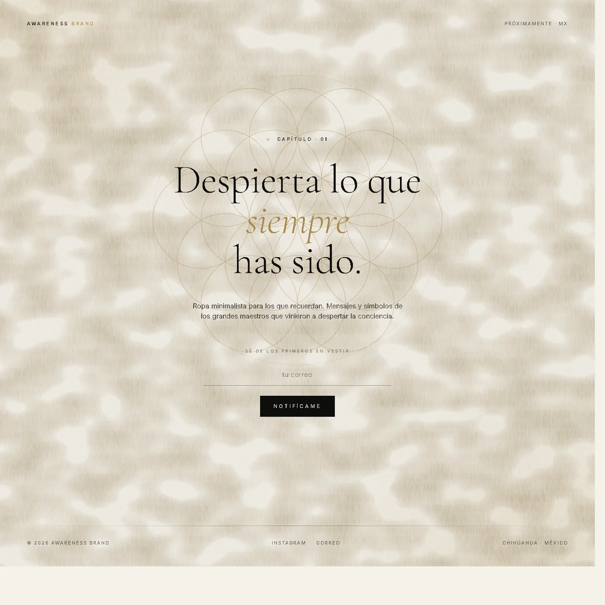 Awareness Brand landing — papel crema con Flower of Life dorada