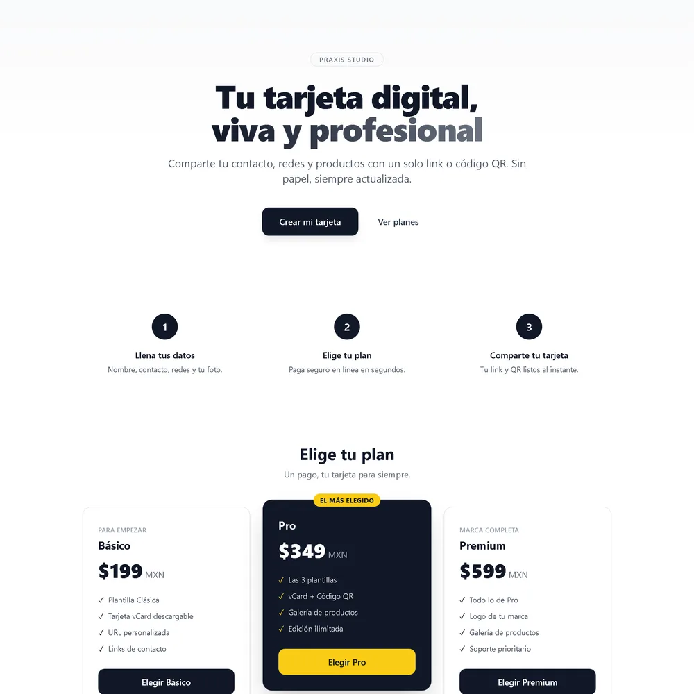 Cards Praxis — tarjeta digital con planes Básico, Pro y Premium