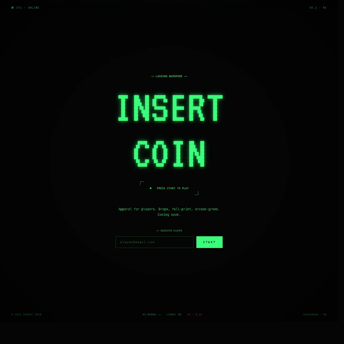 Insert Coin landing — pantalla CRT phosphor green con título glitch